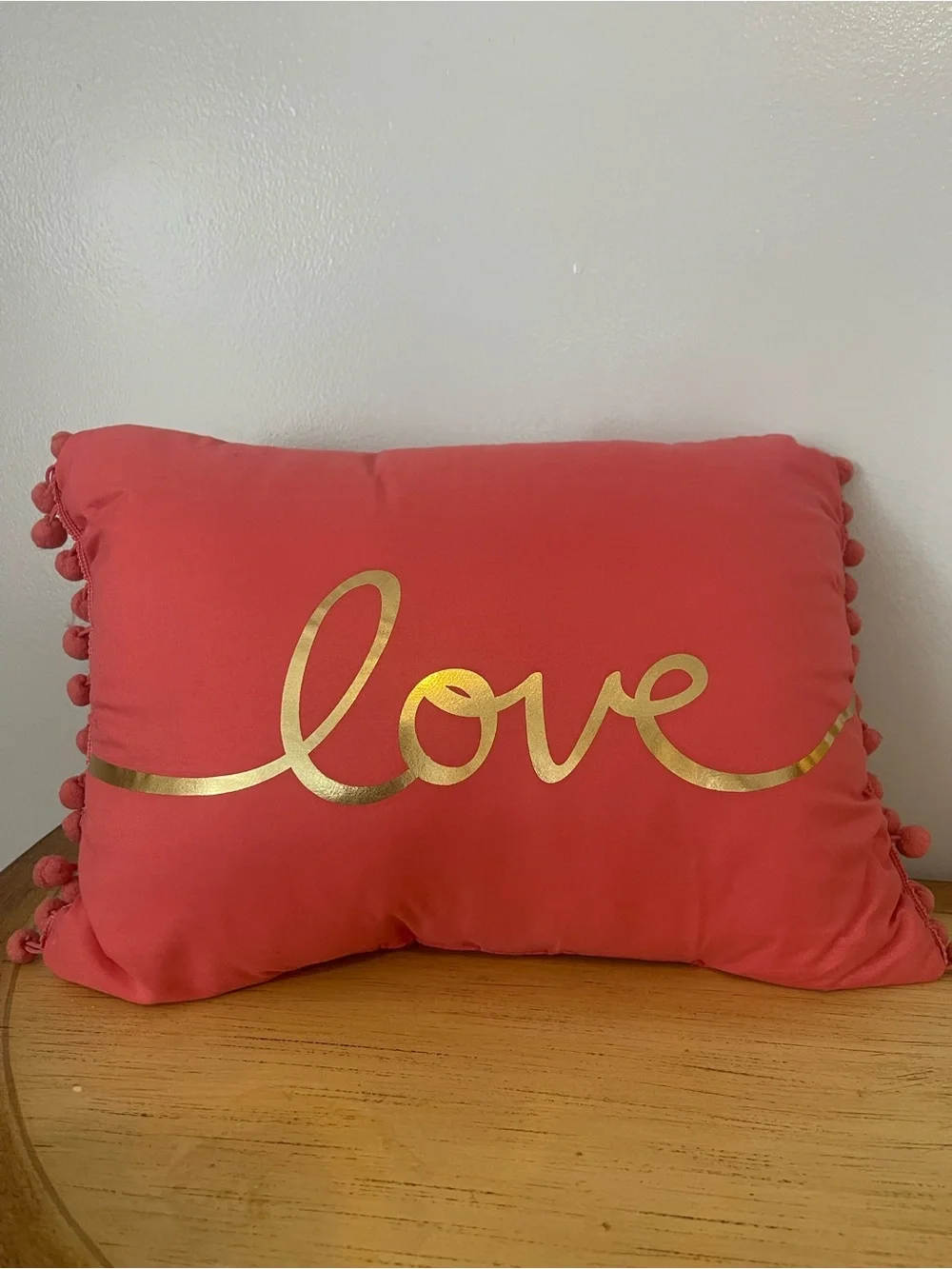 Coral 'Love' Decorative Pillow with Gold Script - Home